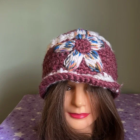 Handcrafted dark cherry Crochet Hat with Floral Accent medium extremely warm - Picture 8 of 10